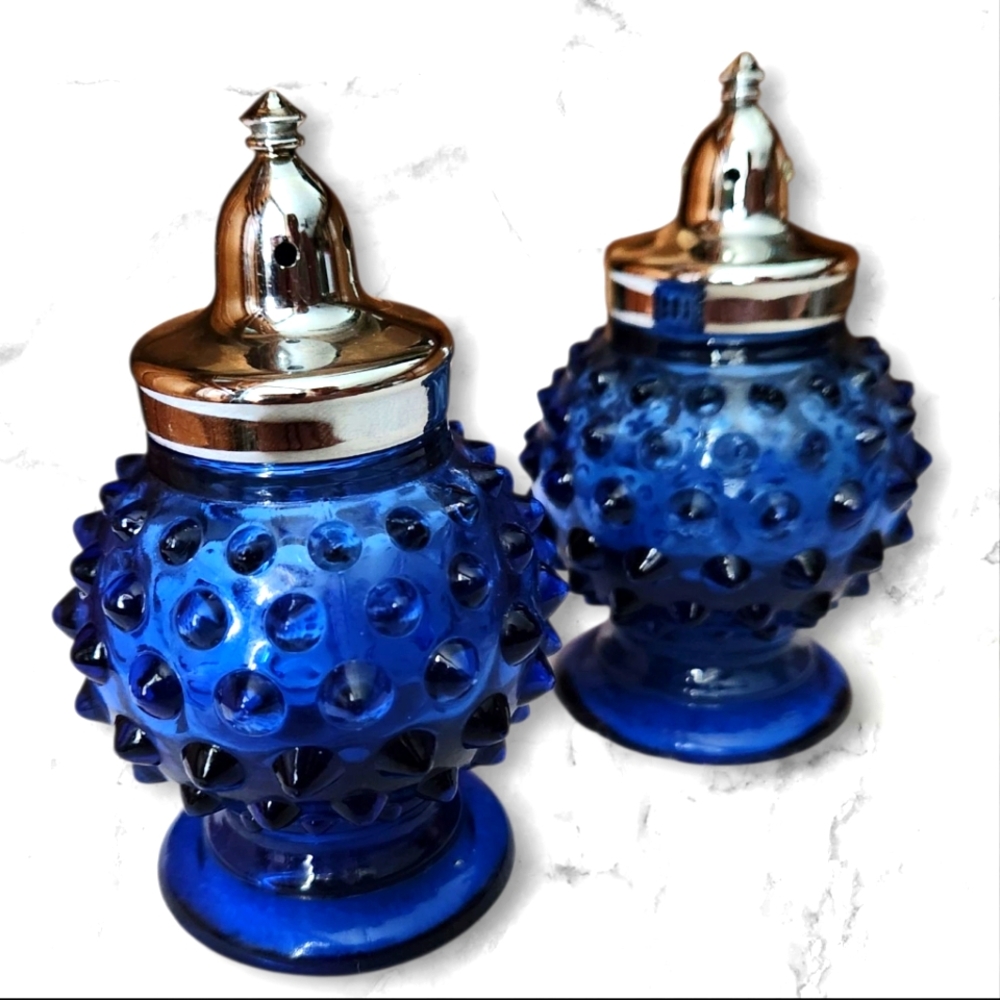 Vintage Studded Imperial Glass Cobalt Blue Salt And Pepper Shakers-1951-Gorgeous